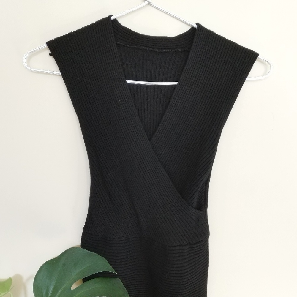 Black Ribbed Wrap Top